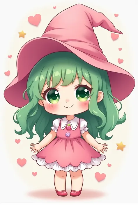  kawaii-style witch portrait, green hair, pink dress and pink skin ,  wearing a cartoon pink witch hat and green eyes