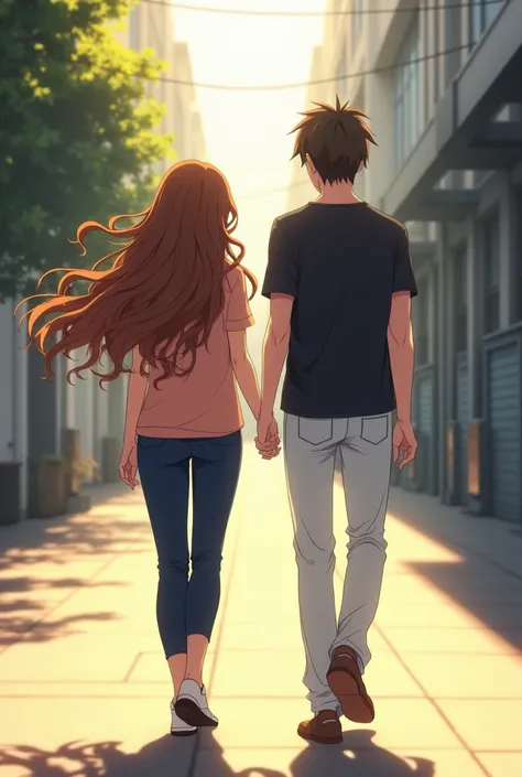 An anime girl with long curly hair wearing peach top and navy blue pant  walking through the city streets, the early light casting long shadows. With an anime boy of 20 age wearing black shirt with white pant 