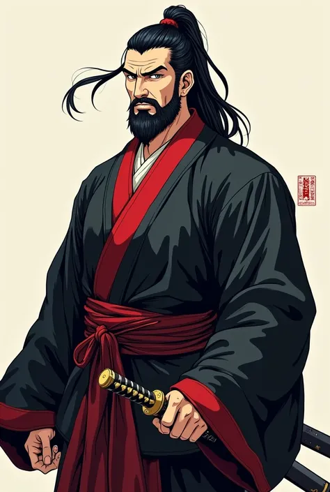  An anime-style image of an adult man , white skin, black hair in a ponytail, husky, with hair on his chin ,  wearing an old Japanese Ronin costume in black and red.