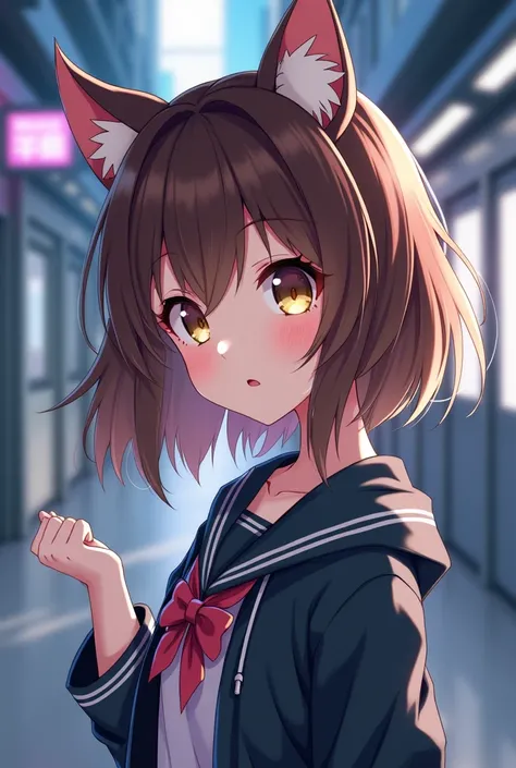 anime girl looking at camera, cat ears on the top of the head, brown hair, blond lights on hair, futuristic schenario, toghtfull expecion face to the side, casual cloths distant futuristic school background futuristic school uniform