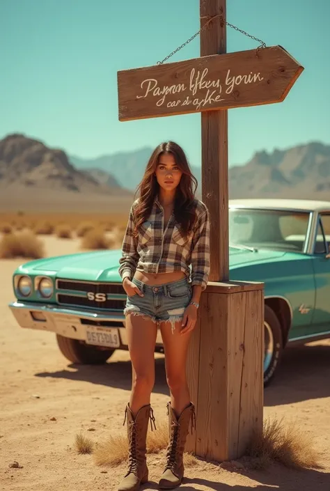  Photo of a 35-year-old cowgirl wearing a hat ,  plaid shirt ,  very short jeans and leather boots with garter stockings ,  has medium and saggy breasts that discreetly shows , This smiling ,  leaning on a wooden sign showing text  "If you like , Buy me a ...