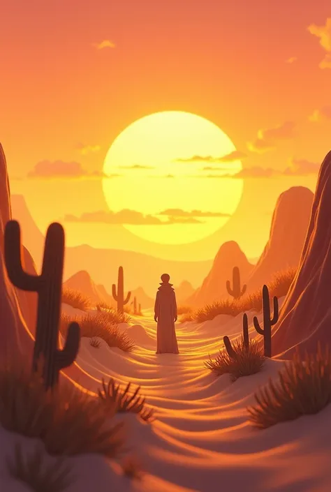 golden, softly sculpted by the wind ,  under the sky tinged with orange and pink at sunset .  A silhouette of cacti and small desert plants add detail to the landscape,  with a sense of peace and vastness .
