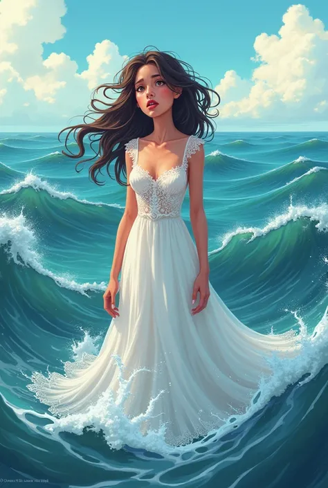 Woman crying in the sea wearing wedding dress realistic cartoon