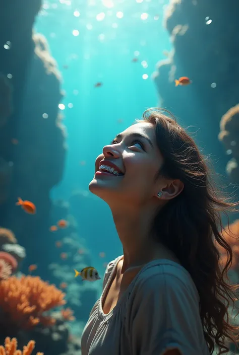 Realistic style adult girl with braces smiling under the sea in an epic way