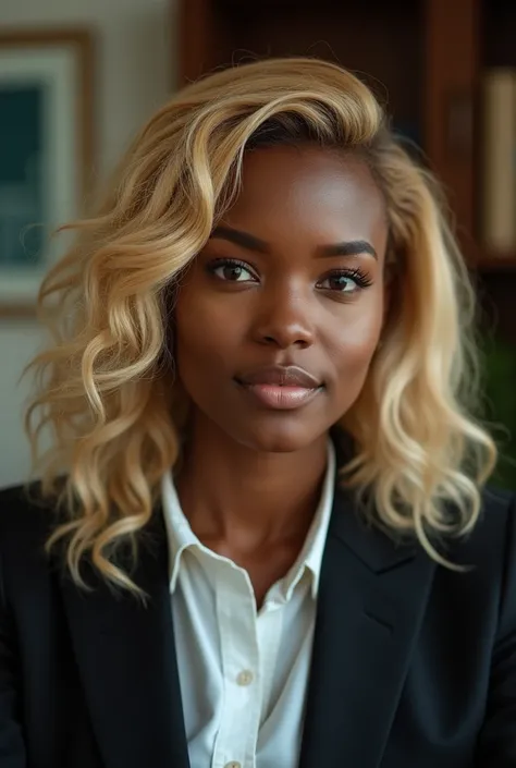  A beautiful East African girl with blond hair,  Careful Eyes , nose, and lips, Wearing professional attire,  sitting in her office, Use her, HP ( best quality ,4K,8K, High Res,masterpiece:1.2), super detailed,( actual ,photo actual ,photo- actual :1.37),H...