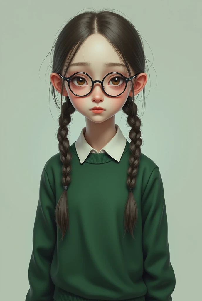 Very thin white girl with green school sweater and two braids and lenses, full body and realistic