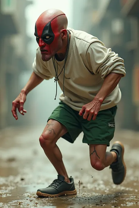 Disgusting hunchback shaved, green shorts, tennis, white sweatshirt,  wearing Deadpool mask , Bucho Bucho Full.