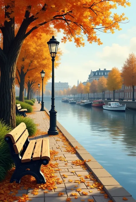 a bench sitting on a sidewalk next to a lamp post and a river in the background with boats on the water, Evgeny Lushpin, romanticism, autumn, a photorealistic painting