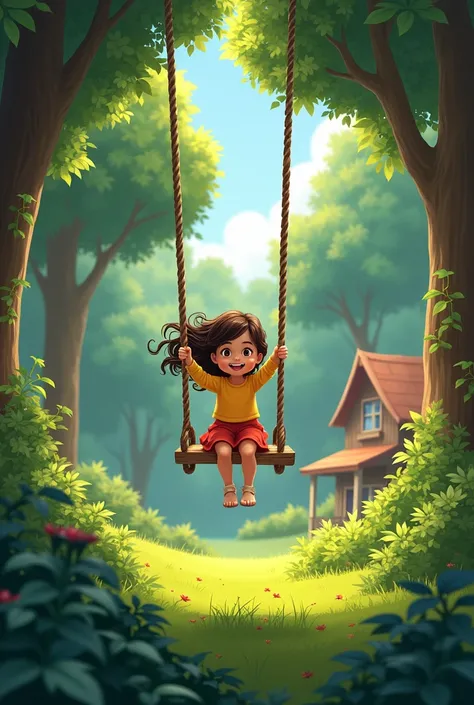 A young girl swinging on the swing in a thick forest with a house in it