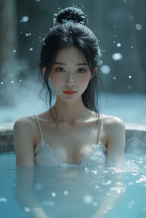 A beautiful Japanese woman with a very nice figure, smiling mysteriously, looking at the audience, sitting in a hot spring bath, soaking in the cold atmosphere, snowdripping, breathing in mist.