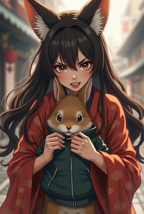 An angry but very beautiful Asian brunette fox girl in a kimono with a sword holds a rabbit in a jacket by the throat 