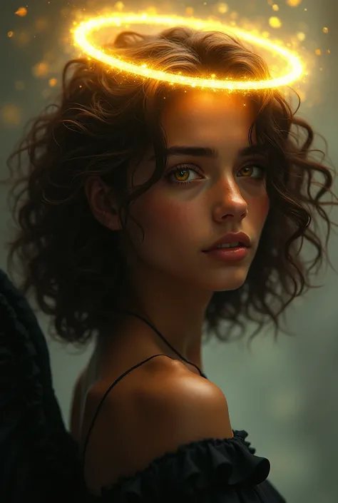  17-year-old brown teenager with yellow eyes and curly wavy hair,  of the Angel breed and with a halo hanging over her bright gold-colored head , wearing black wingless garments 