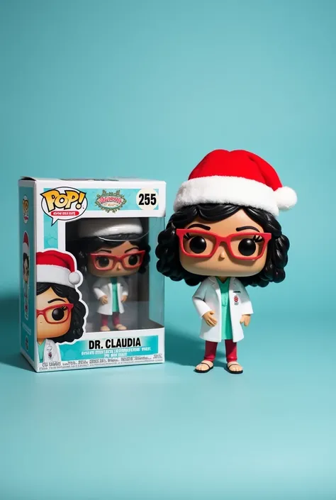  Funkopop by Doctor Claudia with curly black hair con flequillo and square lenses ,  with her medical gown , and Christmas hat ,  next to her special edition Funkopop box with the name on the top.  On a light blue background  