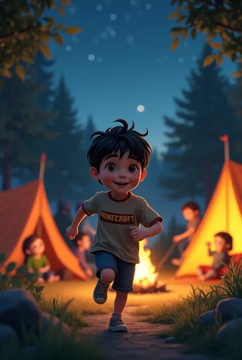 At a campsite, a  boy with black hair and brown eyes and brown eyes and a Minecraft T-shirt will run to his friends aunt.