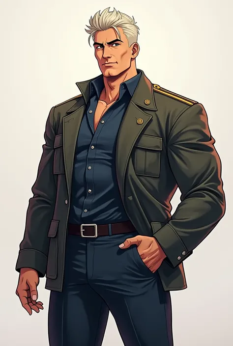  Animation Style Art , Anime Style Painting ,  Image in front of , whole body,   Muscle Male Character , Strong body shape,  Military Style Hairstyle, fashion clothing, 