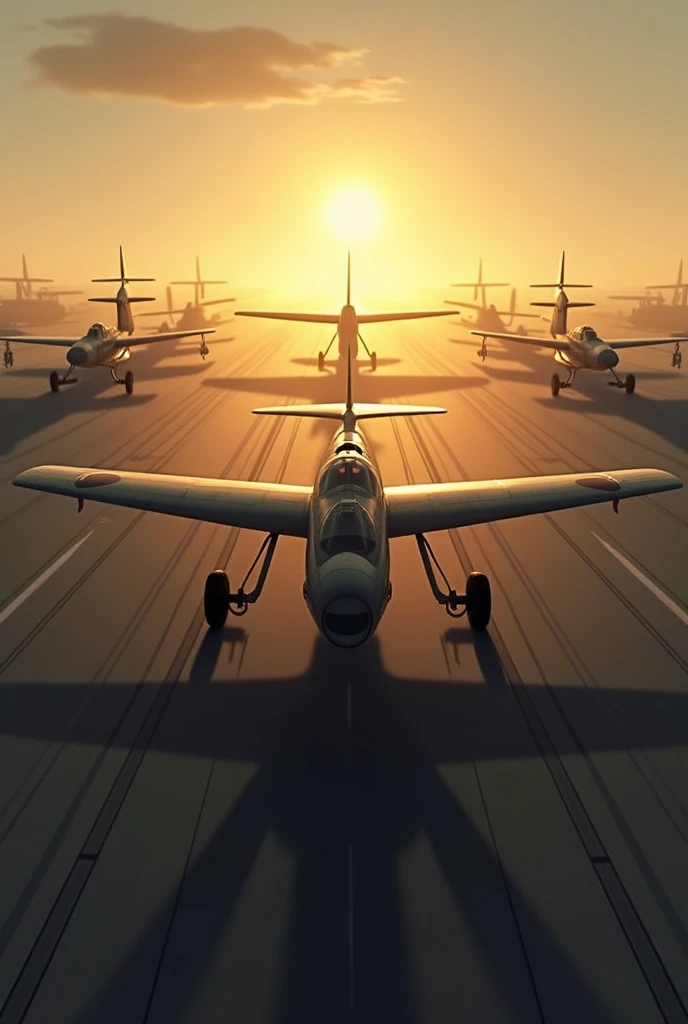 A quiet and reflective scene of a kamikaze pilots plane taking off at dawn from a Japanese airstrip, with the sun rising in the background and shadows of other planes lined up for similar missions.