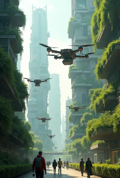 futuristic city with lots of plants on the buildings and aerial drones that people kick