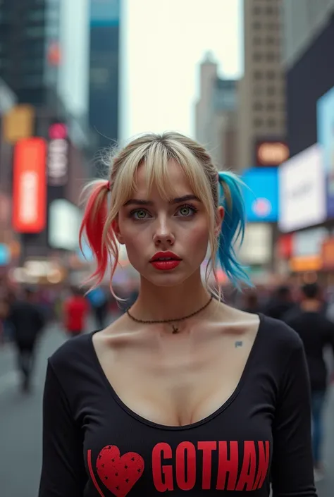 Hyper-realistic photography. Grinning blonde 27 year old woman (hair in blue and red dyed pigtails), big green eyes, big lips, with a low-cut shirt that says: i love Gotham, Billie Eilish face. In the busy times square 