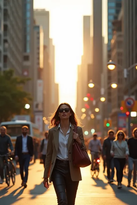 "Realistic photo of a woman walking through a crowded street in the heart of a busy metropolis, with skyscrapers towering overhead. The scene is filled with pedestrians in motion, cars, and cyclists, all adding to the hectic urban environment. The woman is...