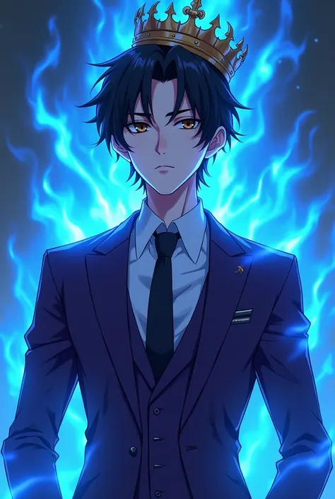 Anime boy with white skin  ,  black hair  , Wearing a purple tie suit, a crown,   fire blue above the head 