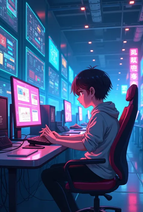 Draw a picture of an anime-type computer room with ren also on the computers