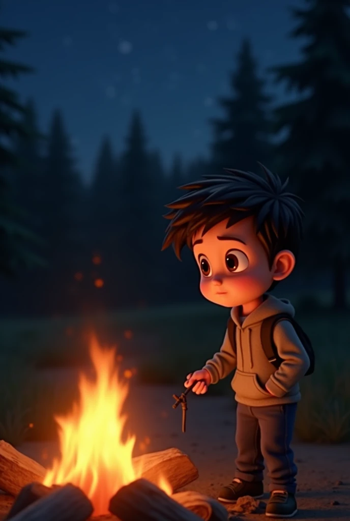 Prompt 11:
Create a Disney Pixar style close-up shot of the grandson’s face as he looks thoughtfully at the campfire, with a serene and knowing expression. The background shows the flickering flames of the campfire and the shadowy outline of trees. The lig...