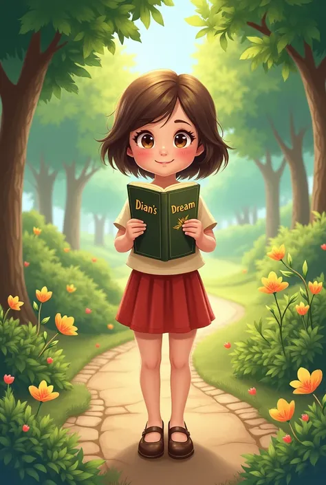 make me a story book cover a  with brown eyes and short wavy brown hair in a park holding a book titled Dian’s Dream the first photo