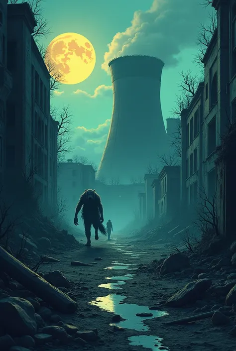  Imagine a Chernobyl power plant in ruins after a nuclear disaster,With fog , dark cartoon style  , a werewolf inhabited the shadows ,  a beast that mixed legend with science ,  born from the radioactive waste that consumed the Earth .