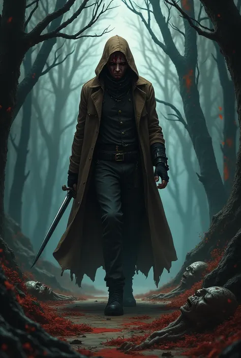 Man, dark wormed out eyes,blood, dead bodies, all black, brown Cape hood covering head, sword at his side, all black sheathe, walking through a forest, masterpiece, beautiful, colourful,  dark, novel art, anime