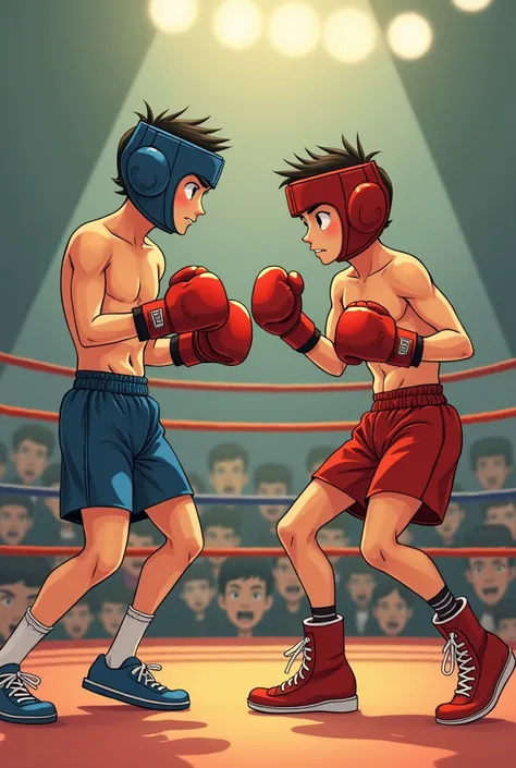 Two Studio ghibli style amateur boxing players inside a ring 