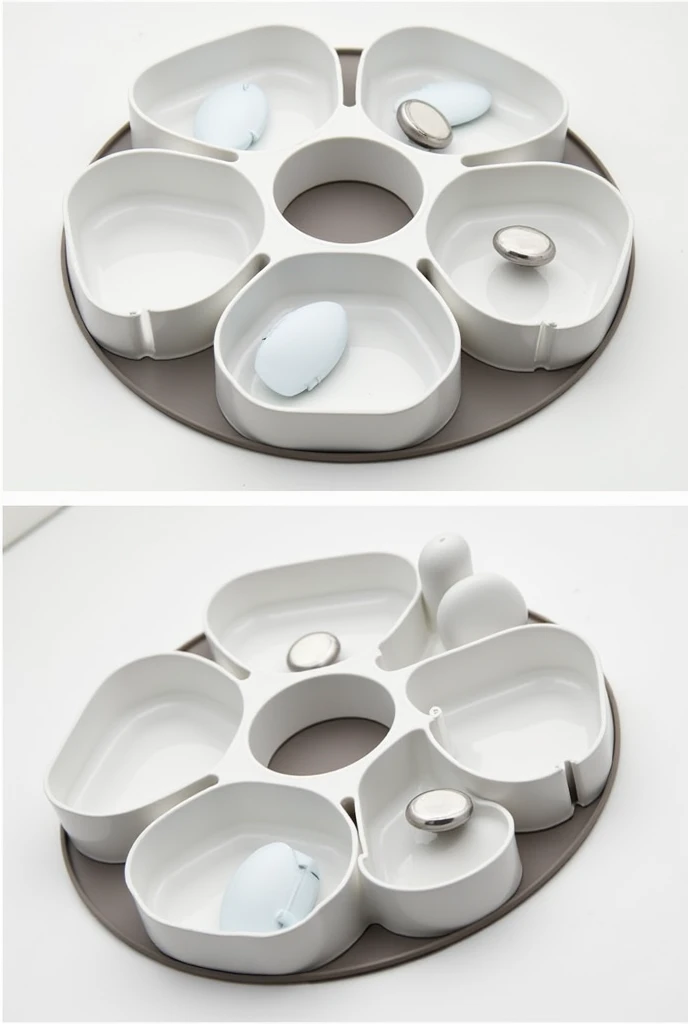  top view :

 A circle with compartments arranged around the edge .
 The compartments are of different sizes  (at least three ),  with slidable lids on each one .
 Side view :

 The cup holder has a uniform thickness ,  with a non-slip silicone base on the...