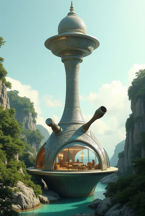 Design a house in the shape of a hookah. Pay attention to all the details, build a glass engineering and a water tank as a hose base around it.