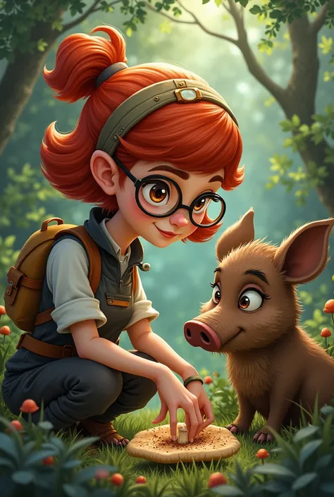 A mushroom researcher 
redhead with square hair and glasses
A wild boar sat next to her and looked at her intrigued.