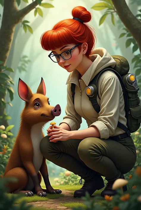 A mushroom researcher 
redhead with square hair and glasses
A wild boar sat next to her and looked at her intrigued.