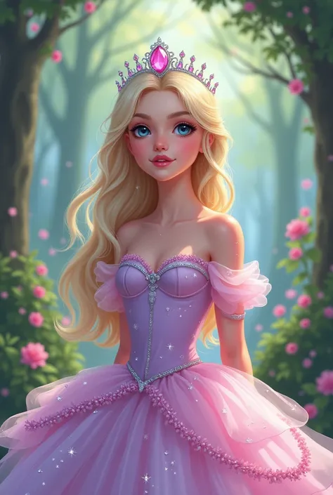 In an illustrated fantasy style ,  in an enchanted fairytale forest setting ,  make a 22-year-old princess with perfect and delicate features , She has soft and sweet blue eyes ,  long shiny and light blond straight hair and pink lips .  She is wearing a b...