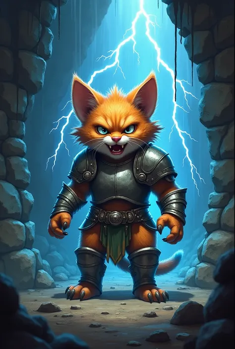 An angry, adult kittling in armor who controls the weather in a dungeon