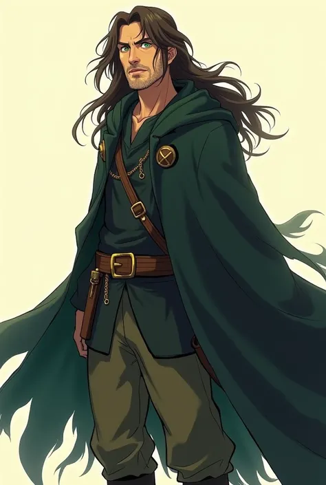 middle aged HUman male with very long dark brown hair wearing dark adventurer clothng and a black cape, no background, green eyes, studio ghibli style