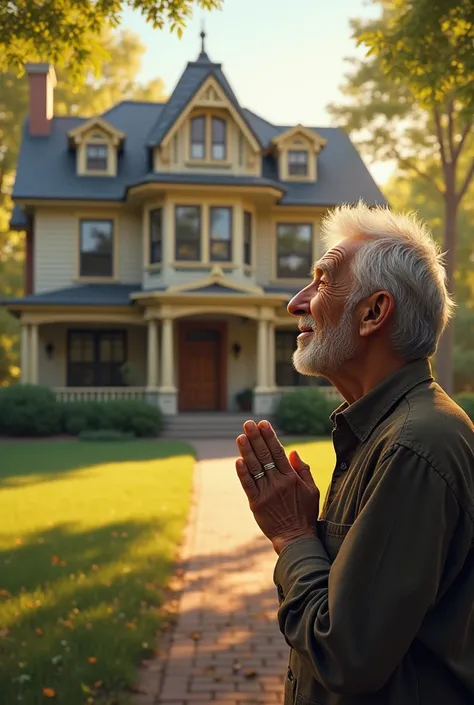 Old man looking at beautiful house with happy face and thankful to GOD