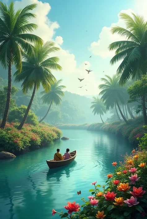 River,boat,palm trees, flowers, flying birds, butterflies 