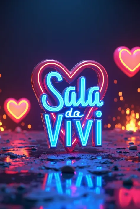 A captivating 3D render of the sala da vivi logo, featuring a musical note, LED lights, and a heart shape. The name sala da vivi is written in bold, blue font, with the letters illuminated by vibrant LED lights. The background incorporates a platform with ...