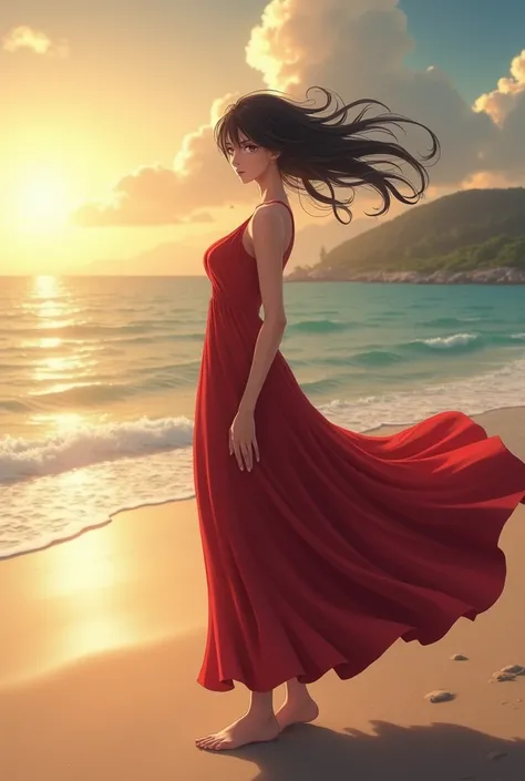 Unohana on the beach in a little red dress