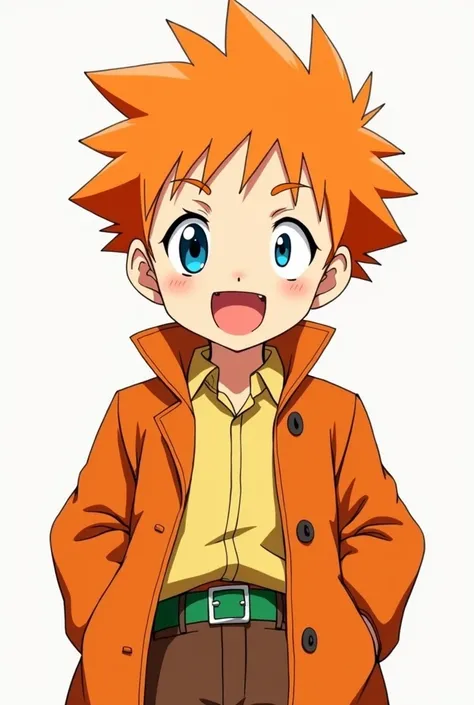 A boy with orange hair orange coat blue eye a green belt and brown pants happy anime 