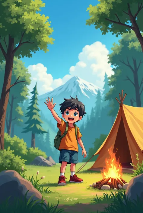 Anime dans un camping un garçon 12 ans anime cheuveux noir yeux bleu clair fesa un signe de la main pour dire au revoir 