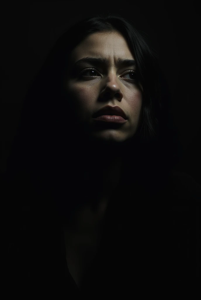  "A dark room with a single light on a person’s face, showing deep contemplation."