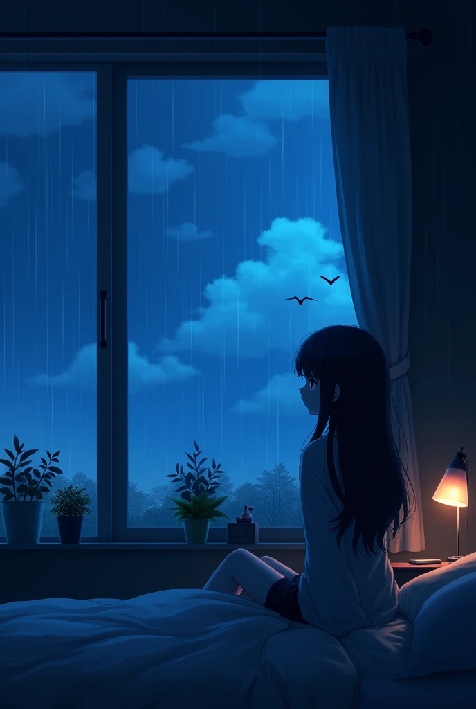 
“Digital art of a serene, melancholic night scene with a silhouette of a anime girl with long hair gazing out a large window into a rainy, cloudy sky sitting her bed room .The room is dimly lit with a soft, ambient blue glow filling the scene, casting a d...