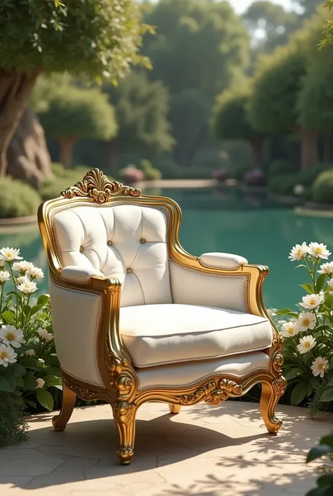  make a SMALL armchair in a luxurious garden of a palace as if it were the time of Athens in the 5th century with white colors, beige,  white gold and that the armchair is at an angle of 106 degrees , In the background you can see a lake and white flowers 