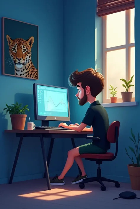 19 years old boy sitting on a office chair in a room painted blue, a desk is in the corner of room, a painting of a leopard hanging on the left side wall beside the window, the boy designing some arts using a Desktop and graphic tablet on the table a windo...