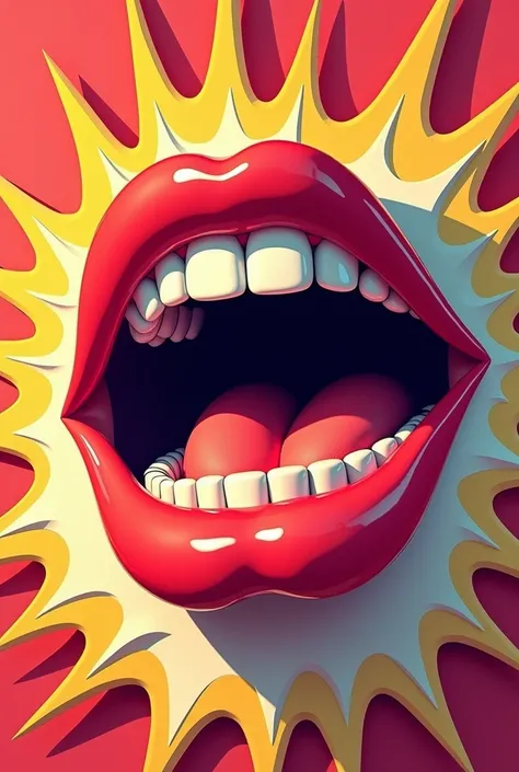 Create a pop art-style campaign for a piece of gum called  "power boom"  using a very large mouth chewing gum or biting it 