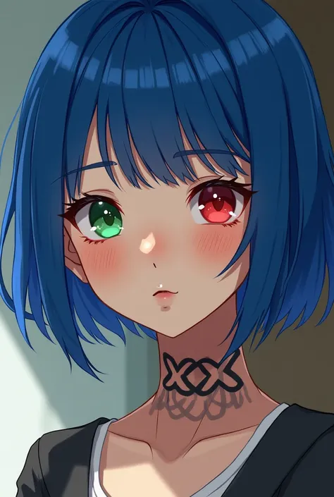 Korean style short haired straight royal blue ,  girl
Left eye green and right eye red
Slightly oval eyes
Right eye with a scar that crosses it
Slightly wide lips
Round and slightly small nose
Tanned skin 
Freckles on the nose and under the eyes
Round chin...