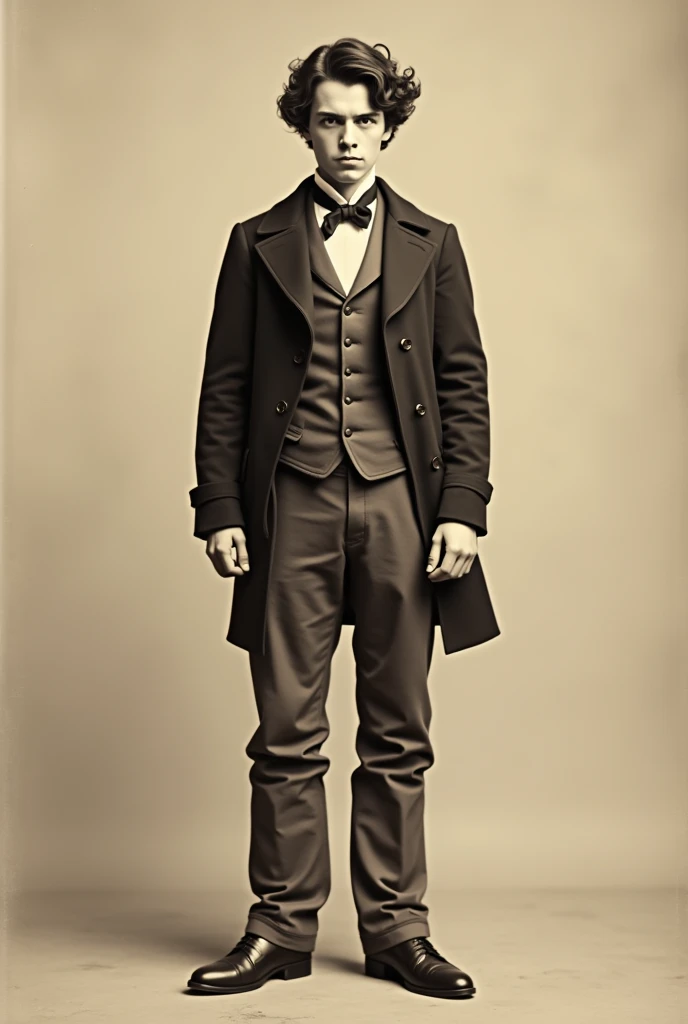 Full body front shot of detailed sepia-tone image of an 18-year-old black-haired man wears clothes and shoes from 1850 and has a serious expression